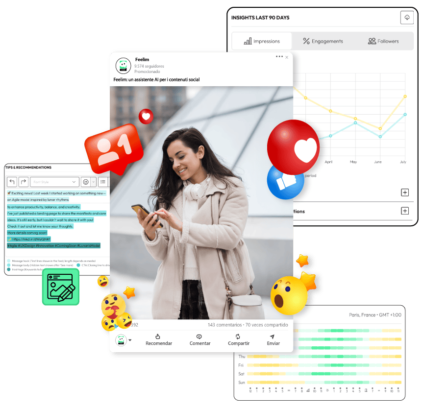 Woman smiling while checking her phone, surrounded by social media icons. Behind her, dashboards show engagement metrics, recommendations, and heatmaps.