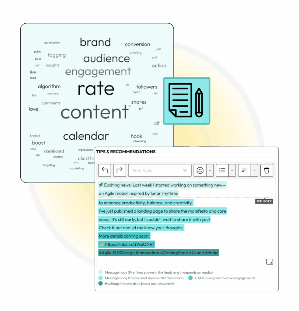 Word cloud of key marketing terms such as brand, content, engagement, and rate, alongside recommendations for improving LinkedIn posts.